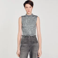 T-Shirts|Tops & Chemises*SANDRO Top Smocké à Sequins Gris
