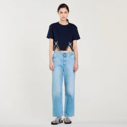 T-Shirts*SANDRO T-shirt Court Orné De Strass Bleu marine