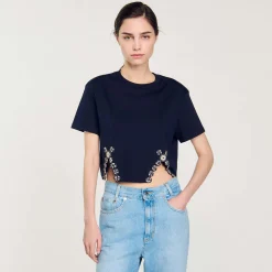 T-Shirts*SANDRO T-shirt Court Orné De Strass Bleu marine