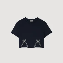 T-Shirts*SANDRO T-shirt Court Orné De Strass Bleu marine