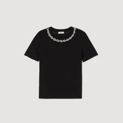 T-Shirts*SANDRO T-shirt En Coton Biologique Col Bijou Noir