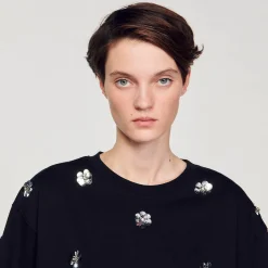 T-Shirts*SANDRO T-shirt Orné De Sequins Fleurs Noir