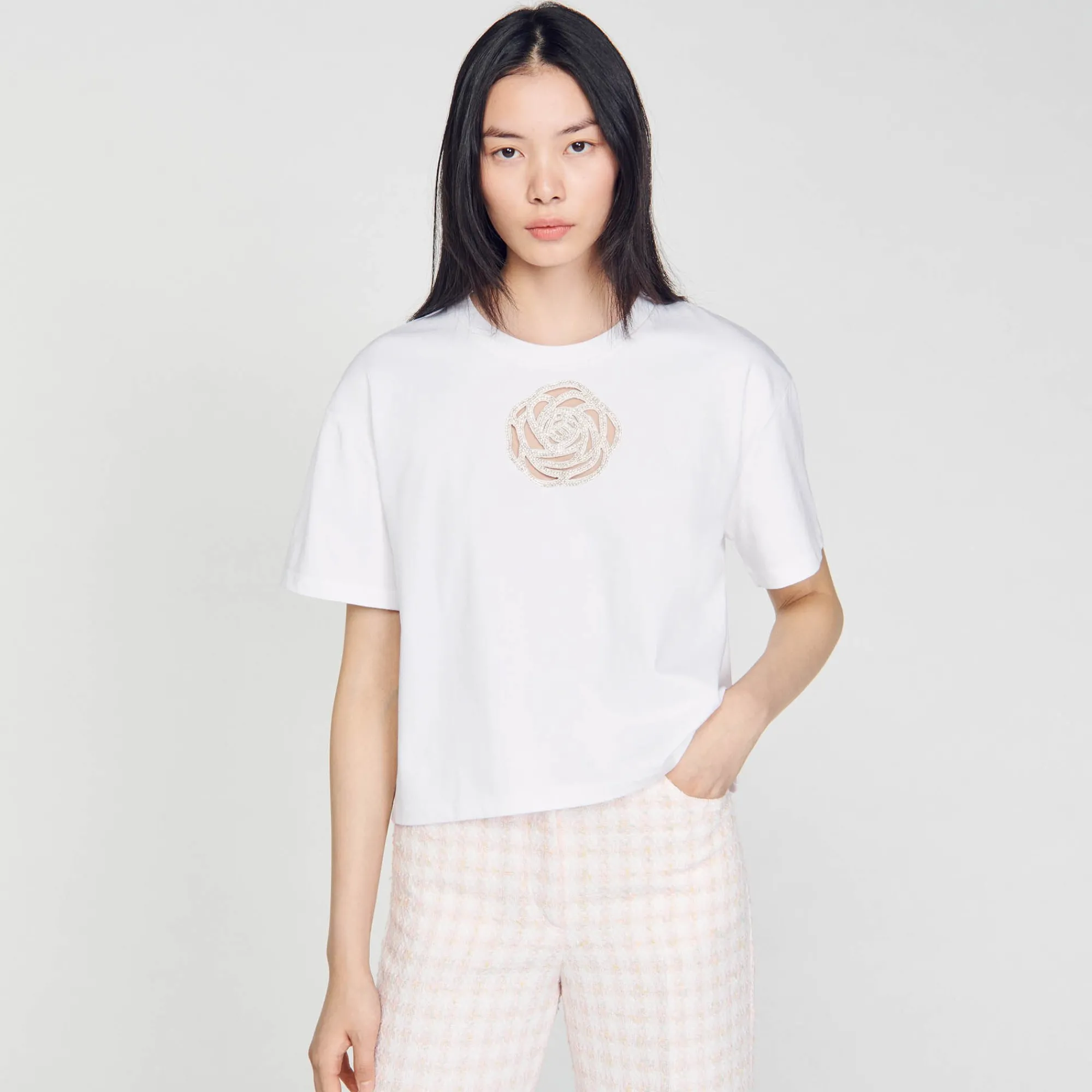 T-Shirts*SANDRO T-shirt Rose Strass blanc