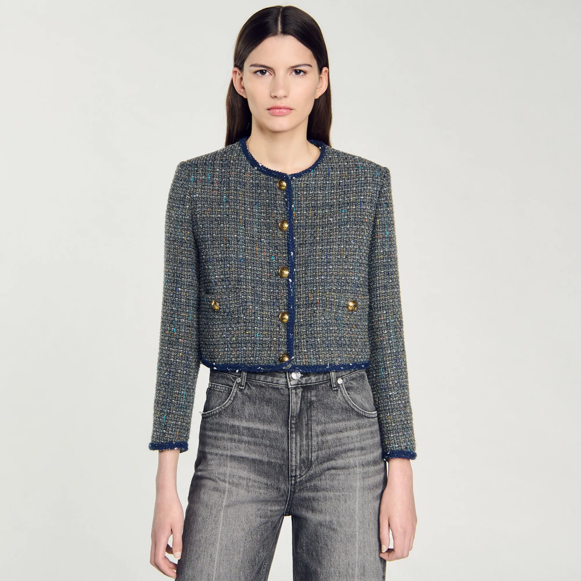 Blousons & Vestes*SANDRO Veste Courte En Tweed Gris
