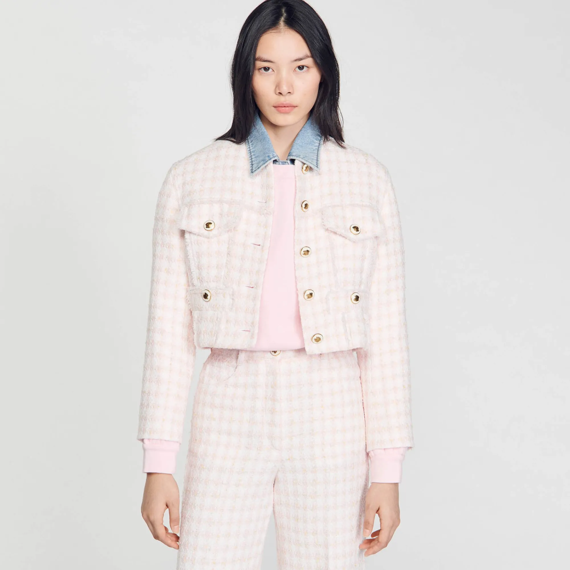 Costumes|Ensembles*SANDRO Veste Courte En Tweed Fantaisie Rose Clair