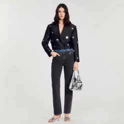 Manteaux|Ensembles*SANDRO Veste Courte Satinée Ornée De Fleurs Noir