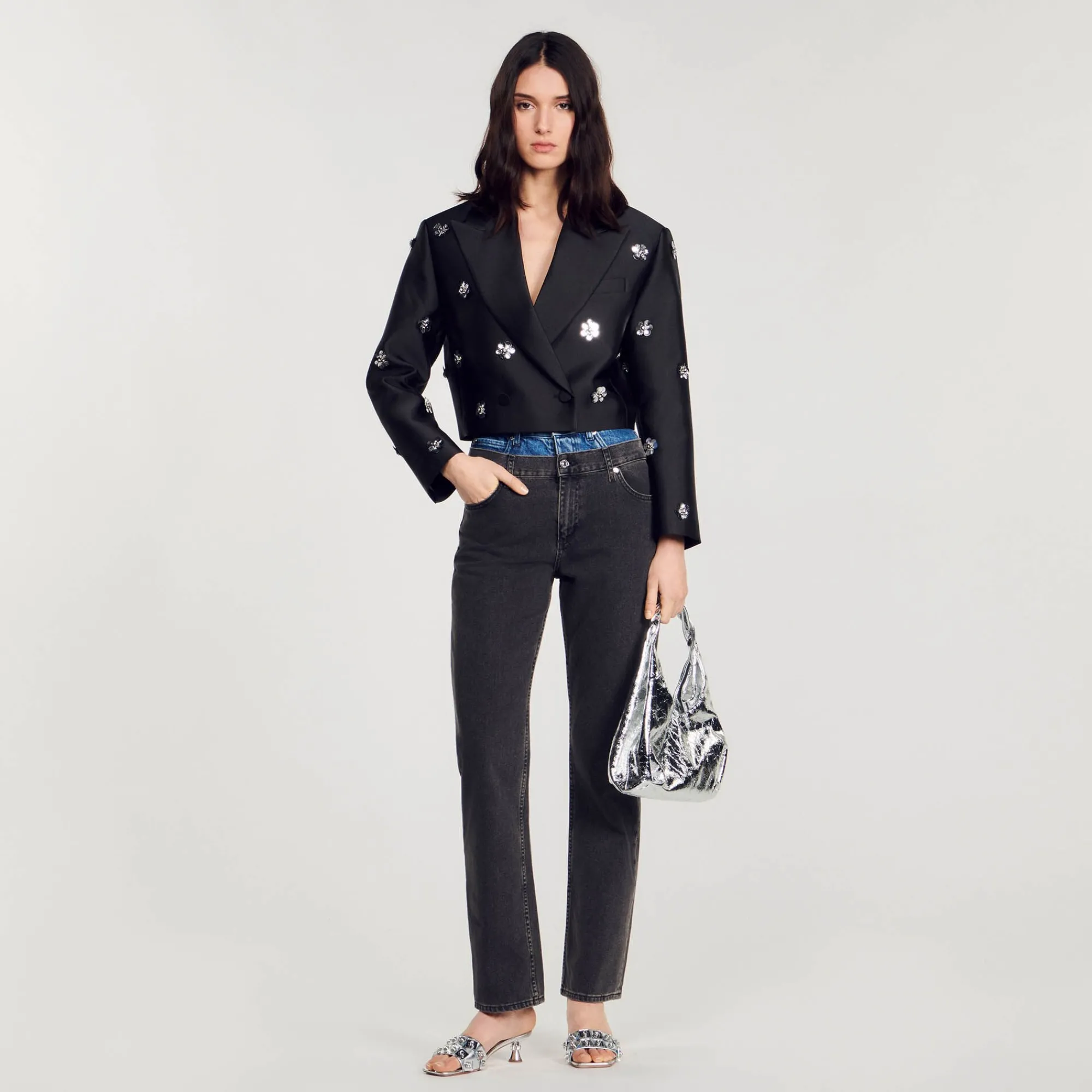 Manteaux|Ensembles*SANDRO Veste Courte Satinée Ornée De Fleurs Noir