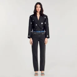 Manteaux|Ensembles*SANDRO Veste Courte Satinée Ornée De Fleurs Noir