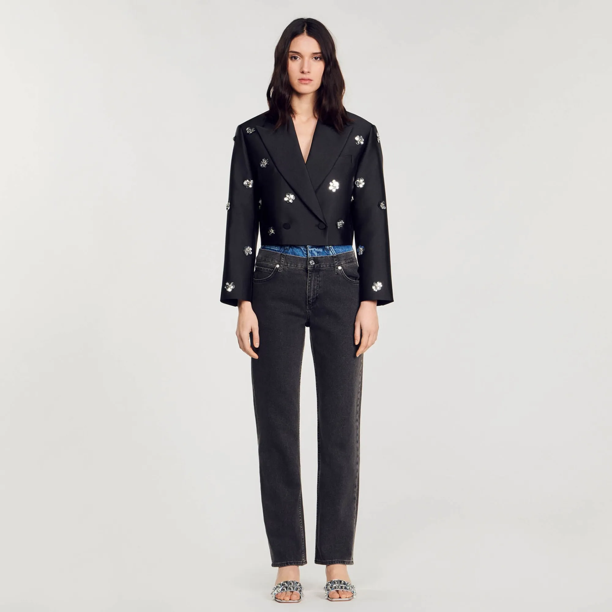 Manteaux|Ensembles*SANDRO Veste Courte Satinée Ornée De Fleurs Noir