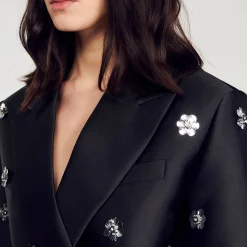 Manteaux|Ensembles*SANDRO Veste Courte Satinée Ornée De Fleurs Noir