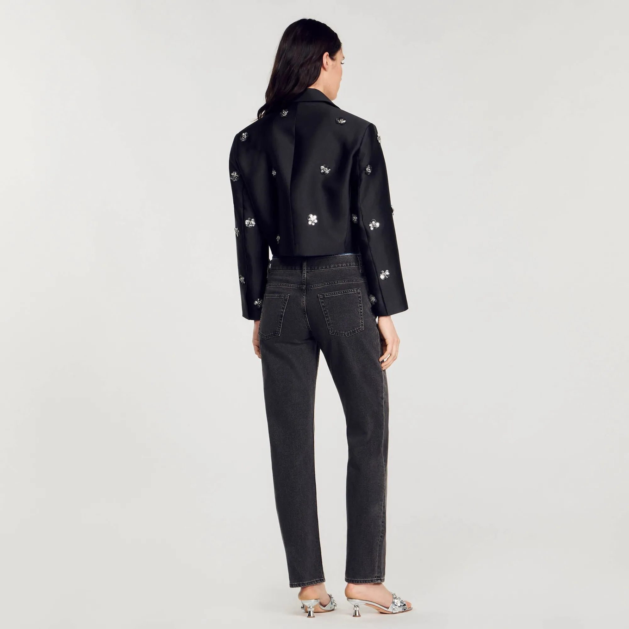 Manteaux|Ensembles*SANDRO Veste Courte Satinée Ornée De Fleurs Noir