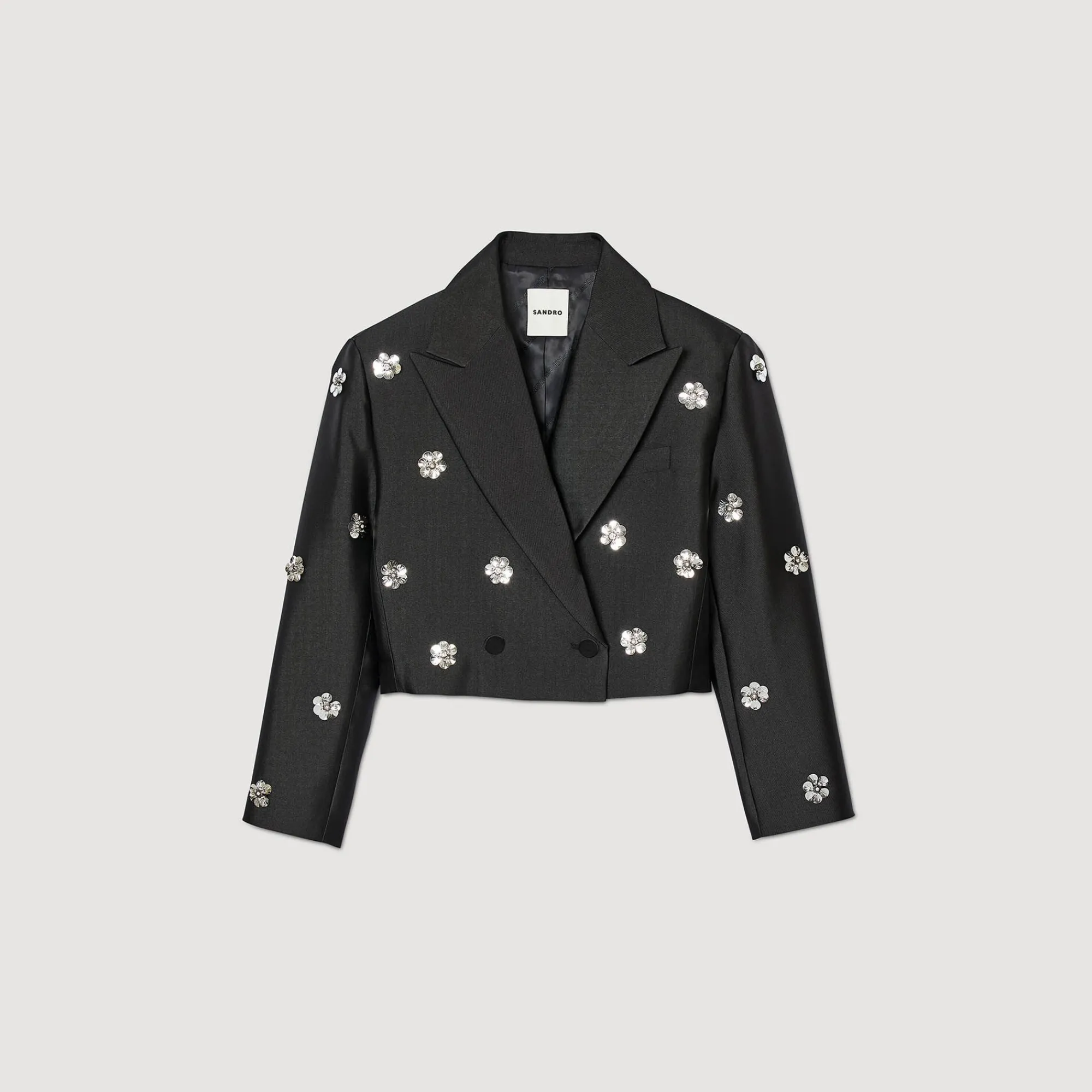 Manteaux|Ensembles*SANDRO Veste Courte Satinée Ornée De Fleurs Noir