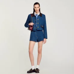 Ensembles|Blousons & Vestes*SANDRO Veste En Jean à Col En Cuir Bleu