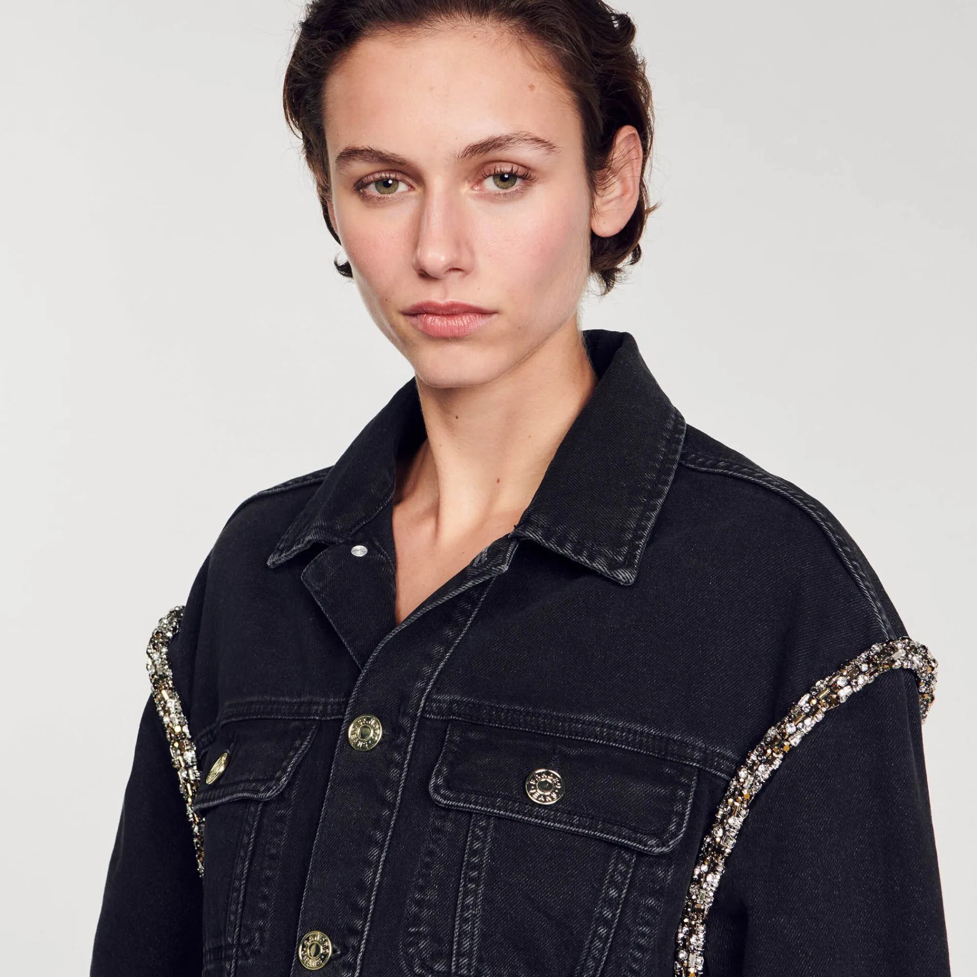 Manteaux|Blousons & Vestes*SANDRO Veste En Jean Oversize Strassée Noir