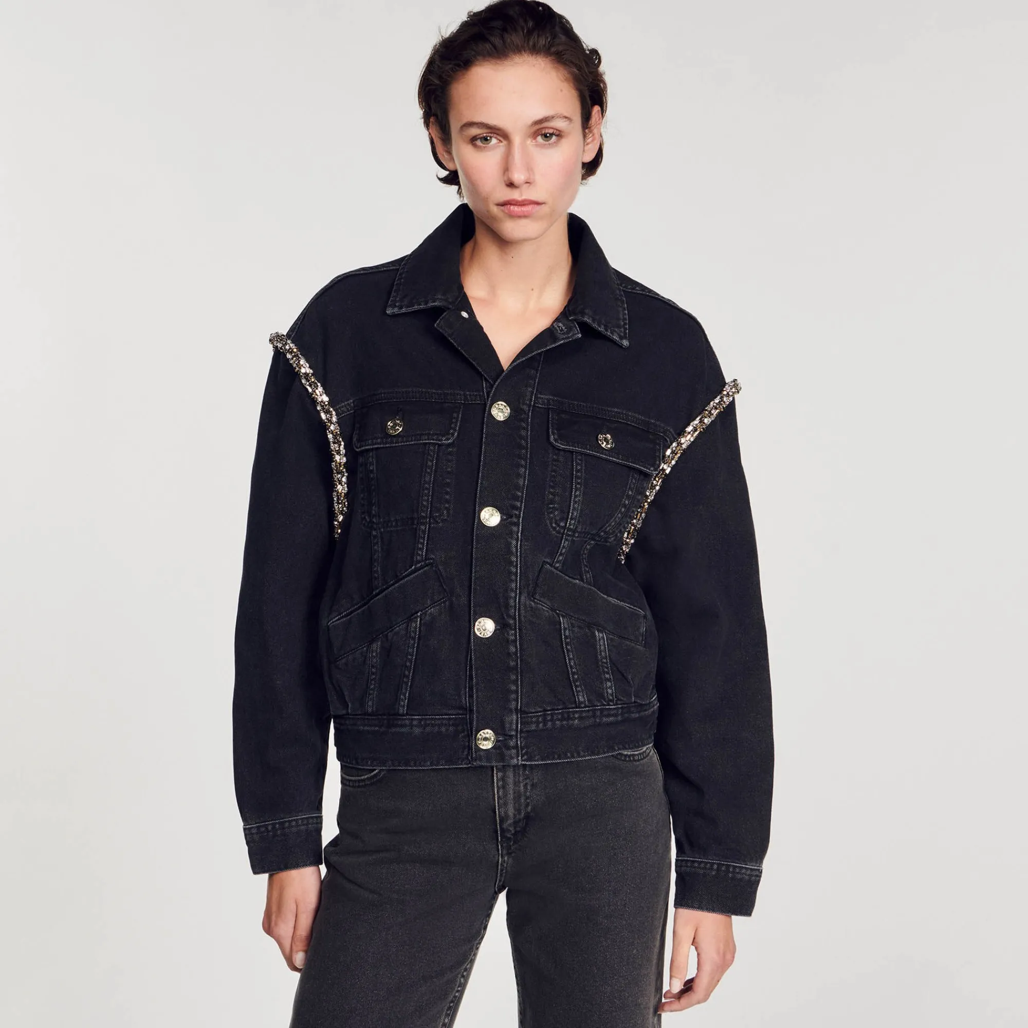 Manteaux|Blousons & Vestes*SANDRO Veste En Jean Oversize Strassée Noir