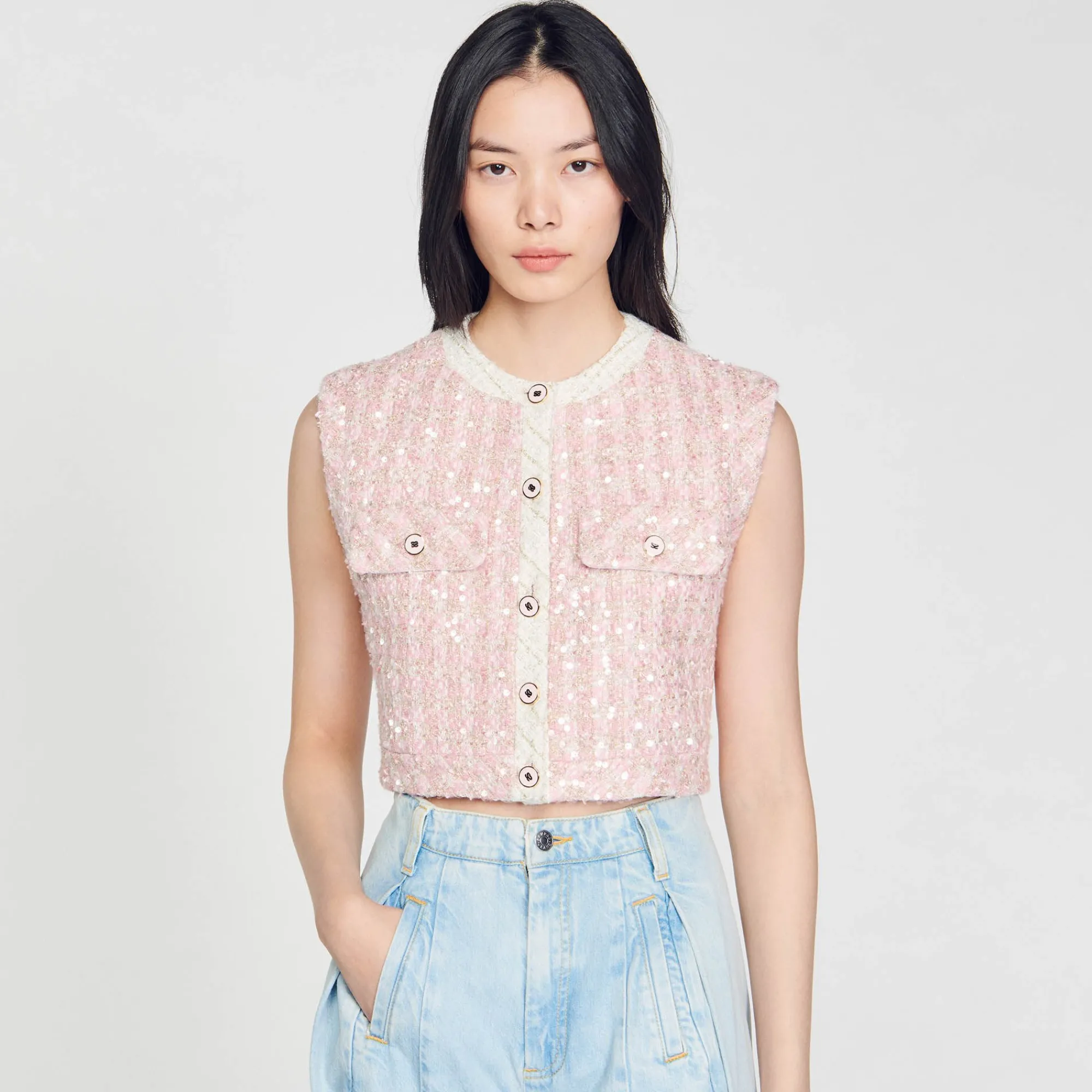 Ensembles|Blousons & Vestes*SANDRO Veste Sans Manches En Tweed Rose